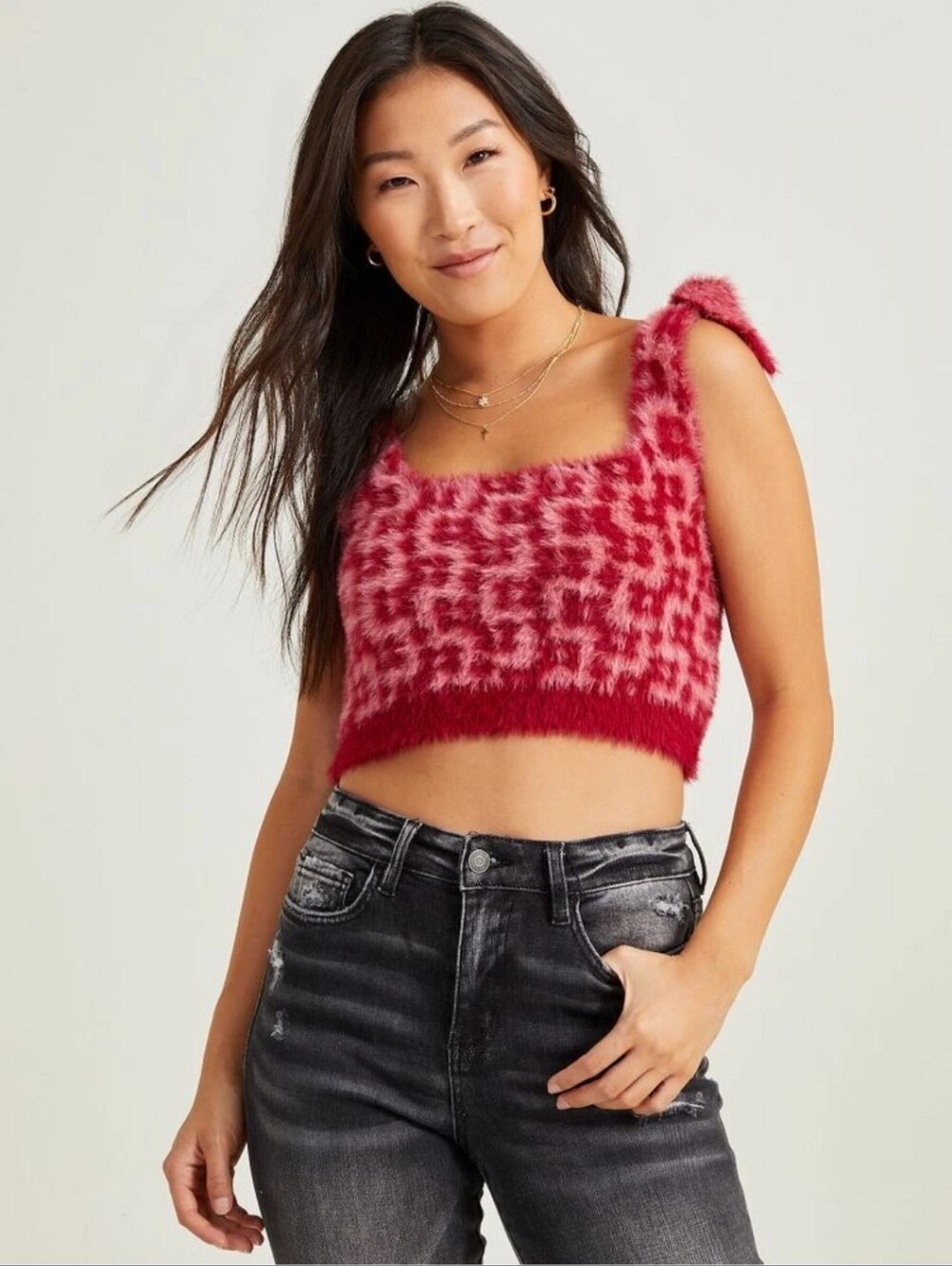 Altar'd State Pinkand Burgandy Maria Fuzzy Leopard-Print Tie Strap Crop Top